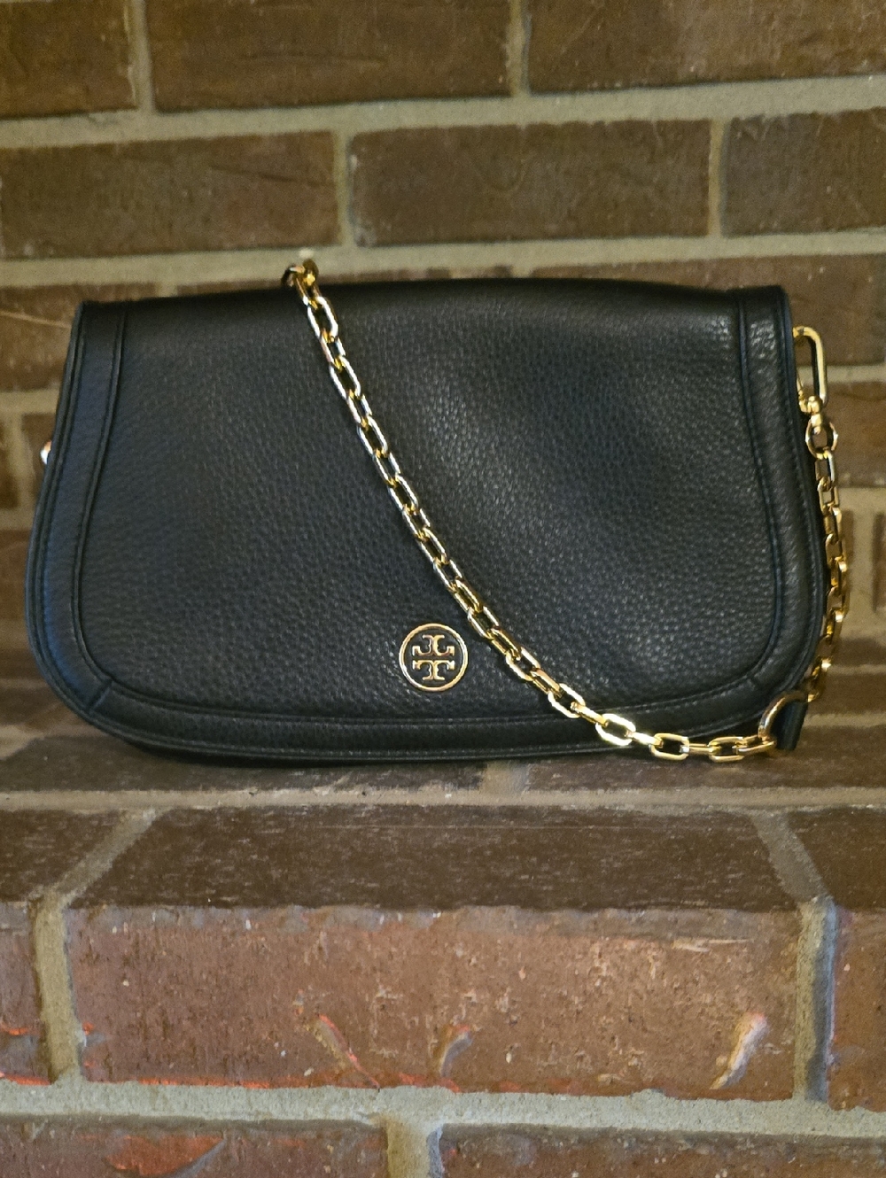 Tory Burch Landon Logo Leather Clutch Crossbody Bag Black Gold
